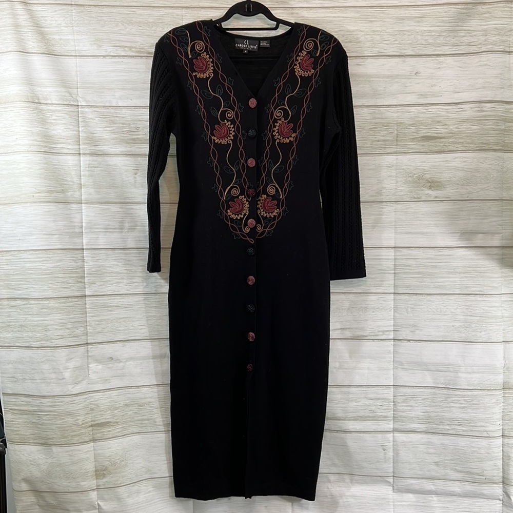 CAROLE LITTLE RIBBED BLACK EMBROIDERED BUTTON FRONT WOOL BLEND SWEATER DRESS